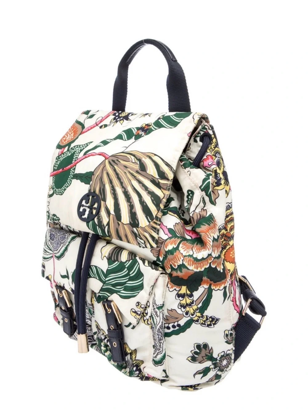 Tory Burch Cream Floral Nylon Backpack with Green & Multicolor Print